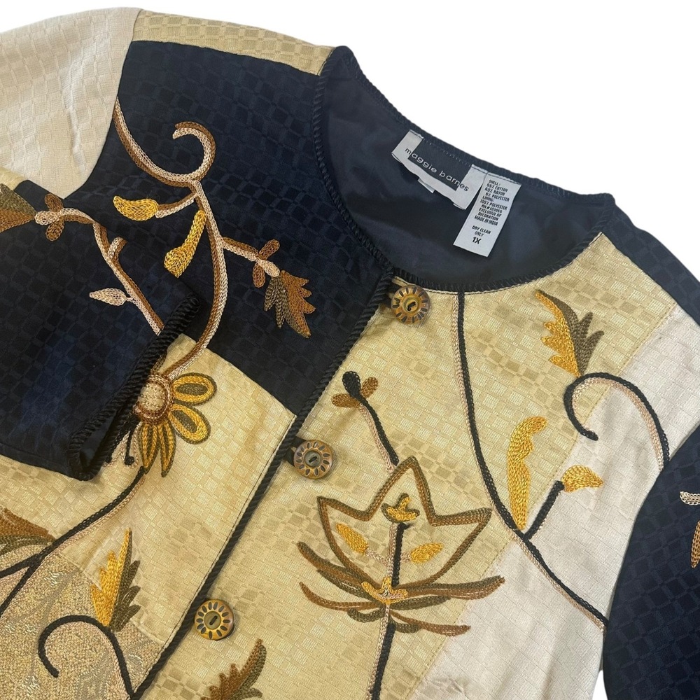 Maggie Barnes Vintage Embroidered Fall Floral Button Patchwork‎ Jacket Sz 1X